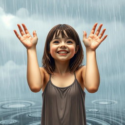 A teenage girl standing in the rain, completely soaked, with shoulder-length brown hair, slightly damp, lightly clinging to her cheeks