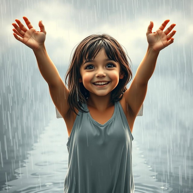 A teenage girl standing in the rain, completely soaked, with shoulder-length brown hair, slightly damp, lightly clinging to her cheeks