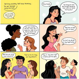 A vibrant comic in six panels that celebrates positive thinking about sexuality
