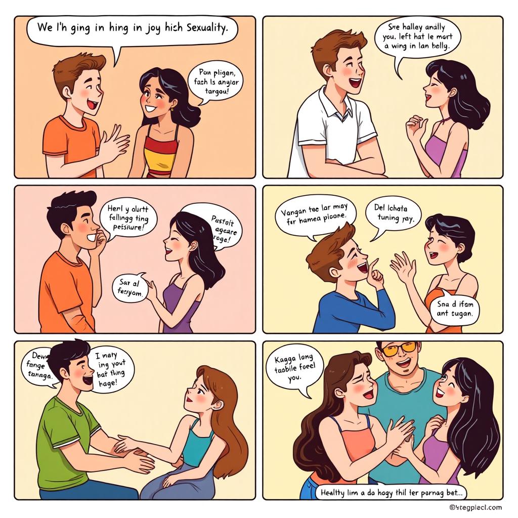 A vibrant comic in six panels that celebrates positive thinking about sexuality