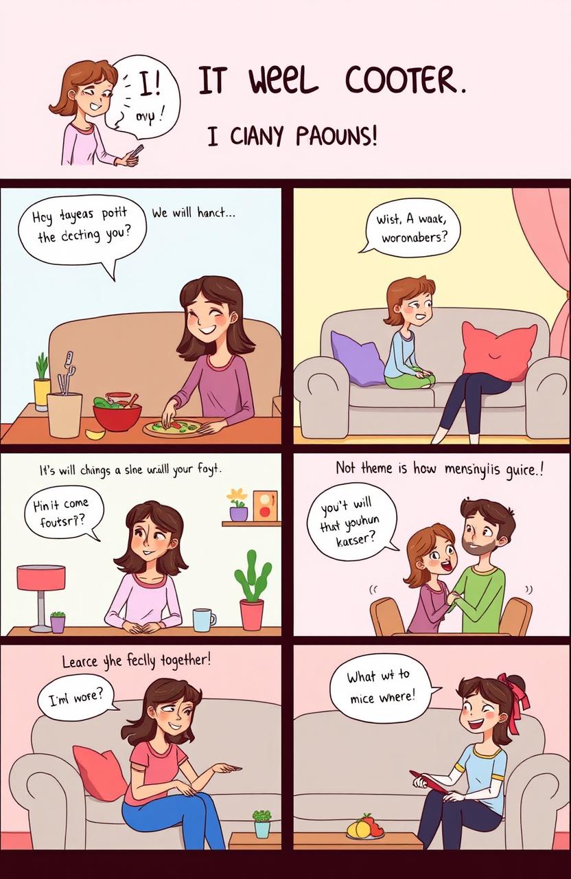 A creative and playful representation of a woman humorously trying to get closer to her partner, showcasing various amusing methods in a lighthearted manner