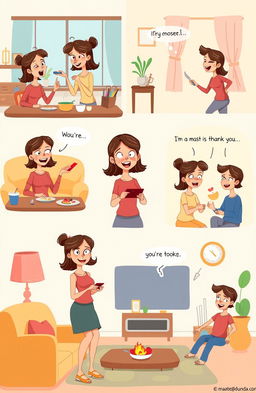 A creative and playful representation of a woman humorously trying to get closer to her partner, showcasing various amusing methods in a lighthearted manner