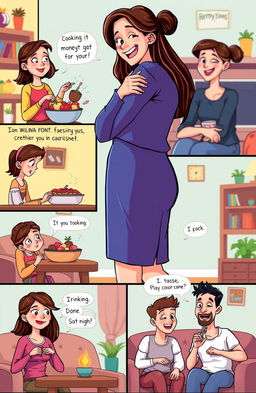 A creative and playful representation of a woman humorously trying to get closer to her partner, showcasing various amusing methods in a lighthearted manner