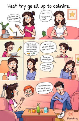 A creative and playful representation of a woman humorously trying to get closer to her partner, showcasing various amusing methods in a lighthearted manner