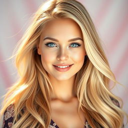 A glamorous portrait of a stylish young woman with long, flowing blonde hair that shines brilliantly in the light