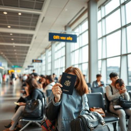 A vibrant scene depicting a passenger waiting area in Narita International Airport, Japan