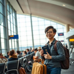 A vibrant scene depicting a passenger waiting area in Narita International Airport, Japan