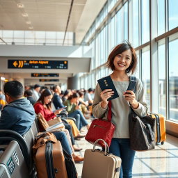 A vibrant scene depicting a passenger waiting area in Narita International Airport, Japan