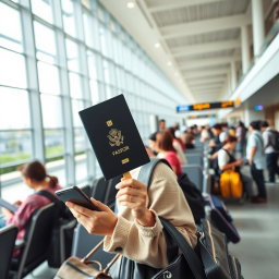 A vibrant scene depicting a passenger waiting area in Narita International Airport, Japan