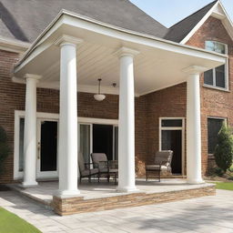 A 12x12 patio with round columns supporting an extended roof that protrudes 3 feet in front of the facade of a house.