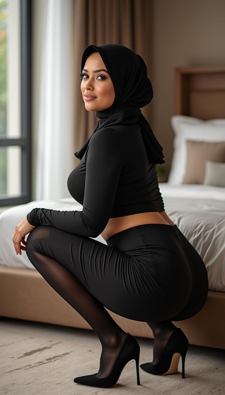 A classy 47-year-old woman wearing a hijab, displaying a perfect body with large breasts and a well-curved figure