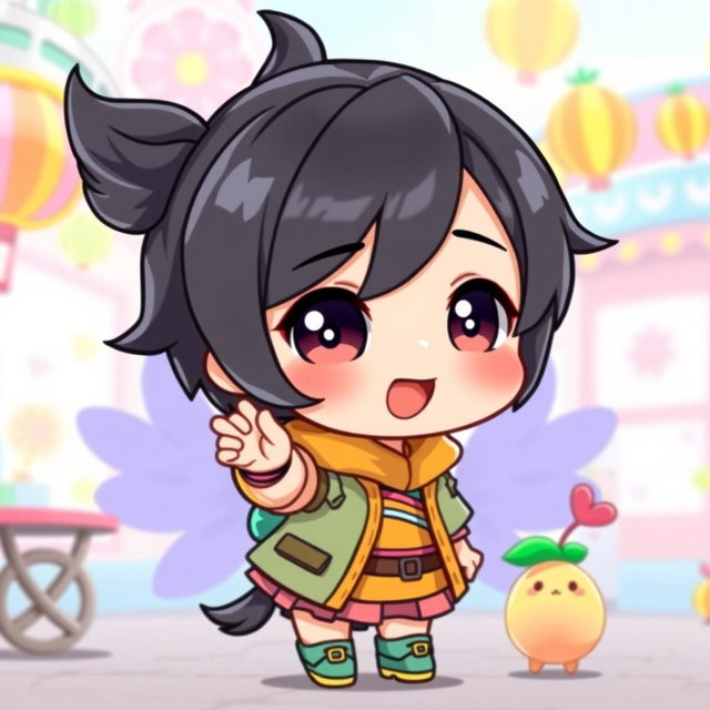 A cute mini character with stylish short hair, wearing a vibrant outfit that complements their energetic personality