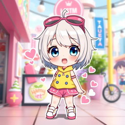 A cute mini character with stylish short hair, wearing a vibrant outfit that complements their energetic personality