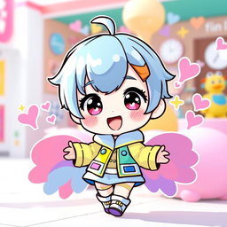 A cute mini character with stylish short hair, wearing a vibrant outfit that complements their energetic personality