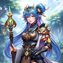 A stunning female character design inspired by Genshin Impact, featuring vibrant colors and intricate details