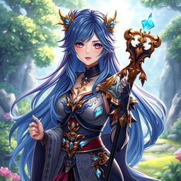A stunning female character design inspired by Genshin Impact, featuring vibrant colors and intricate details