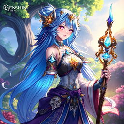 A stunning female character design inspired by Genshin Impact, featuring vibrant colors and intricate details