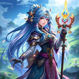 A stunning female character design inspired by Genshin Impact, featuring vibrant colors and intricate details