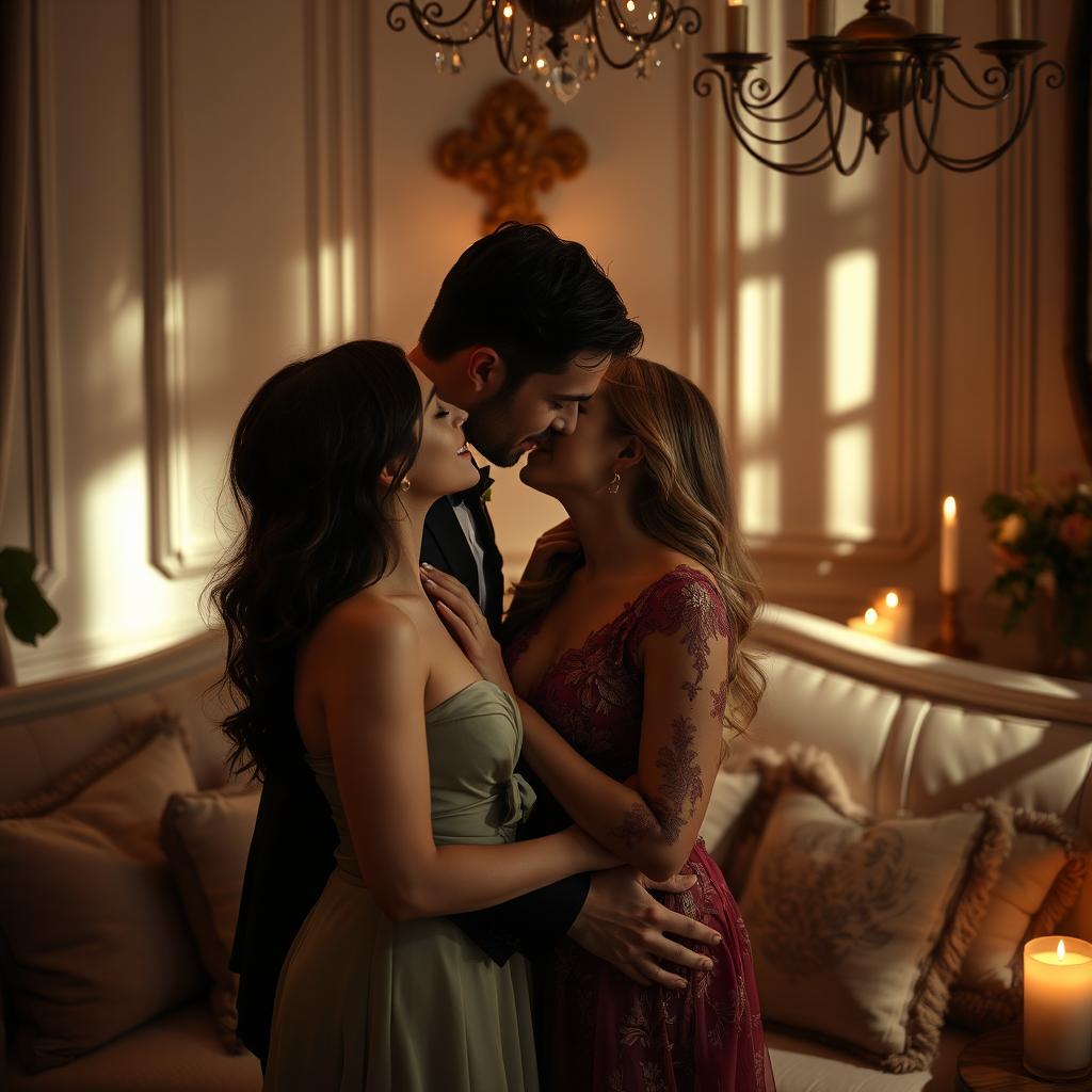 A romantic and intimate scene between a couple, dressed elegantly, exchanging soft glances as they share a tender kiss in a softly lit room filled with gentle shadows and warm colors