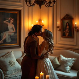 A romantic and intimate scene between a couple, dressed elegantly, exchanging soft glances as they share a tender kiss in a softly lit room filled with gentle shadows and warm colors