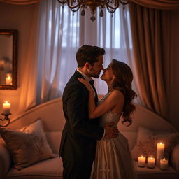 A romantic and intimate scene between a couple, dressed elegantly, exchanging soft glances as they share a tender kiss in a softly lit room filled with gentle shadows and warm colors