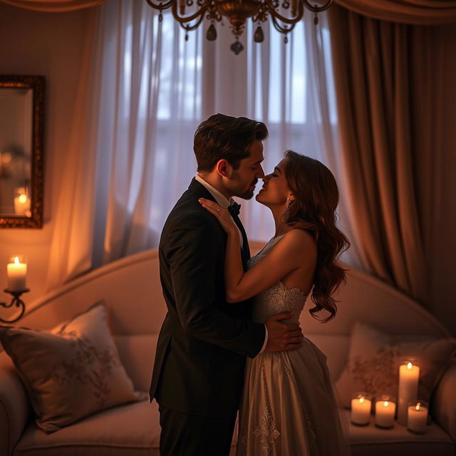 A romantic and intimate scene between a couple, dressed elegantly, exchanging soft glances as they share a tender kiss in a softly lit room filled with gentle shadows and warm colors