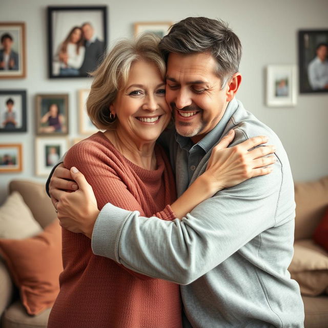 A heartwarming scene of a mother embracing her adult son in a loving and affectionate manner