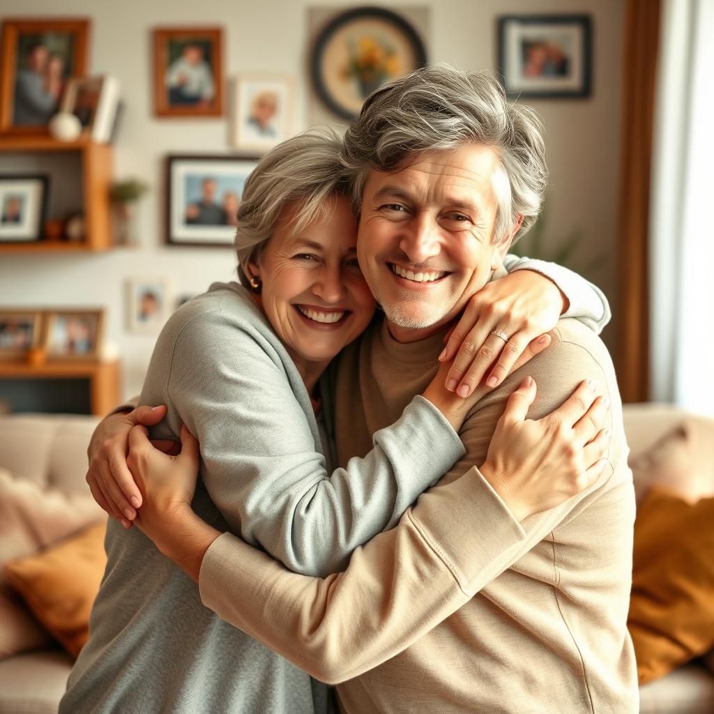 A heartwarming scene of a mother embracing her adult son in a loving and affectionate manner