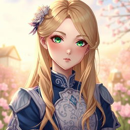 A stunning portrait of Violet Evergarden, showcasing her beautifully delicate features, long blonde hair cascading down her shoulders, and expressive emerald green eyes