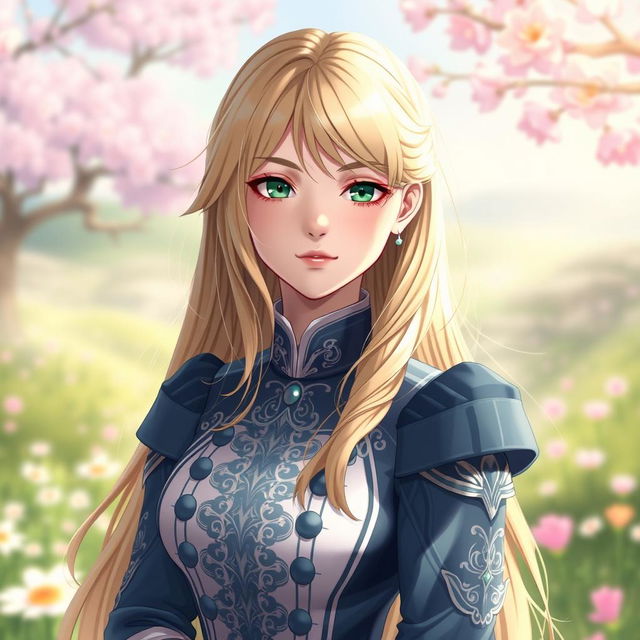 A stunning portrait of Violet Evergarden, showcasing her beautifully delicate features, long blonde hair cascading down her shoulders, and expressive emerald green eyes