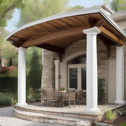 A 12x12 patio with round columns supporting an extended roof that protrudes 3 feet in front of the facade of a house.