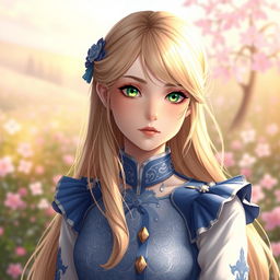 A stunning portrait of Violet Evergarden, showcasing her beautifully delicate features, long blonde hair cascading down her shoulders, and expressive emerald green eyes