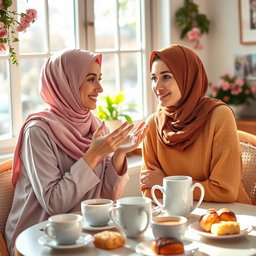 A warm and inviting scene depicting a woman wearing a hijab gently encouraging another woman, who is not wearing a hijab, to consider wearing one