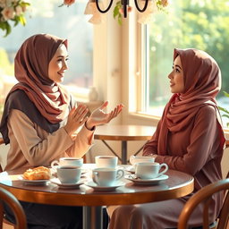 A warm and inviting scene depicting a woman wearing a hijab gently encouraging another woman, who is not wearing a hijab, to consider wearing one