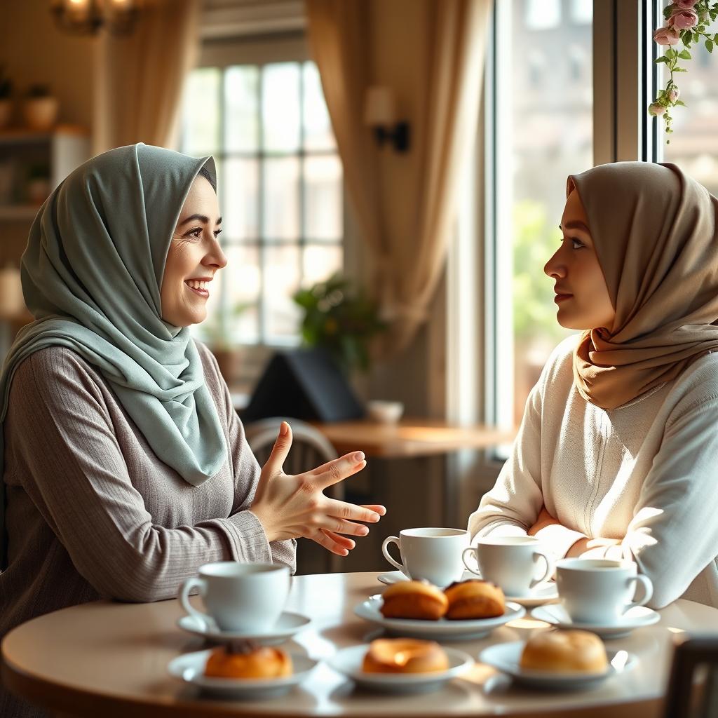 A warm and inviting scene depicting a woman wearing a hijab gently encouraging another woman, who is not wearing a hijab, to consider wearing one