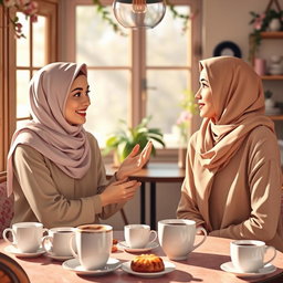 A warm and inviting scene depicting a woman wearing a hijab gently encouraging another woman, who is not wearing a hijab, to consider wearing one