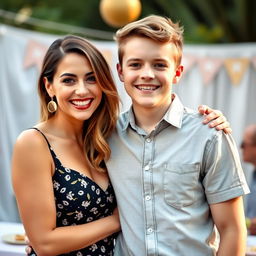 A portrait of a 30-year-old woman and an 18-year-old boy, together in a joyful and celebratory setting