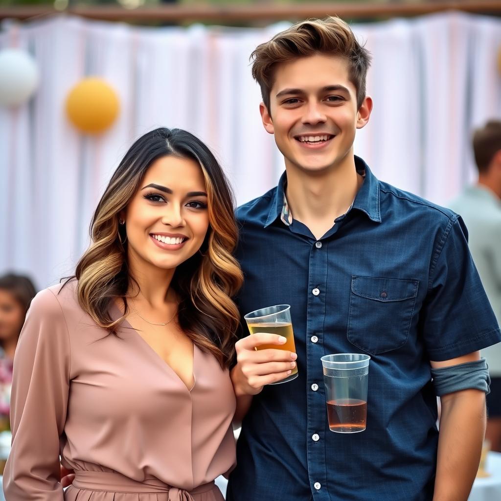 A portrait of a 30-year-old woman and an 18-year-old boy, together in a joyful and celebratory setting