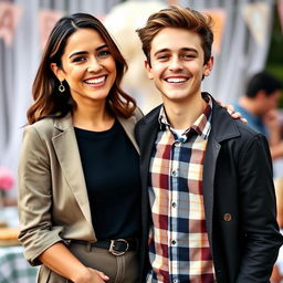 A portrait of a 30-year-old woman and an 18-year-old boy, together in a joyful and celebratory setting