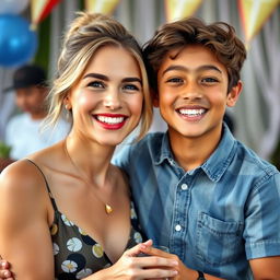 A portrait of a 30-year-old woman and an 18-year-old boy, together in a joyful and celebratory setting