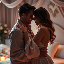 A sensual scene of a 30-year-old woman and an 18-year-old boy in a romantic setting, captured in a soft and intimate moment