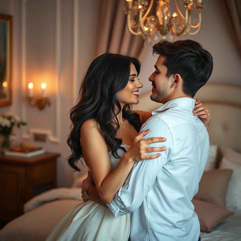 A sensual scene of a 30-year-old woman and an 18-year-old boy in a romantic setting, captured in a soft and intimate moment