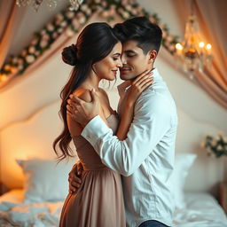A sensual scene of a 30-year-old woman and an 18-year-old boy in a romantic setting, captured in a soft and intimate moment