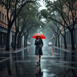 A solitary person walking down a wet street under a pouring rain with a bright red umbrella