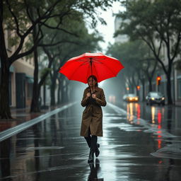 A solitary person walking down a wet street under a pouring rain with a bright red umbrella