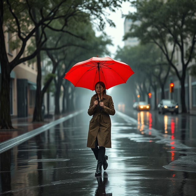 A solitary person walking down a wet street under a pouring rain with a bright red umbrella
