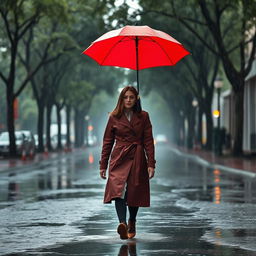 A solitary person walking down a wet street under a pouring rain with a bright red umbrella