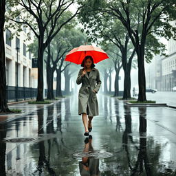 A solitary person walking down a wet street under a pouring rain with a bright red umbrella