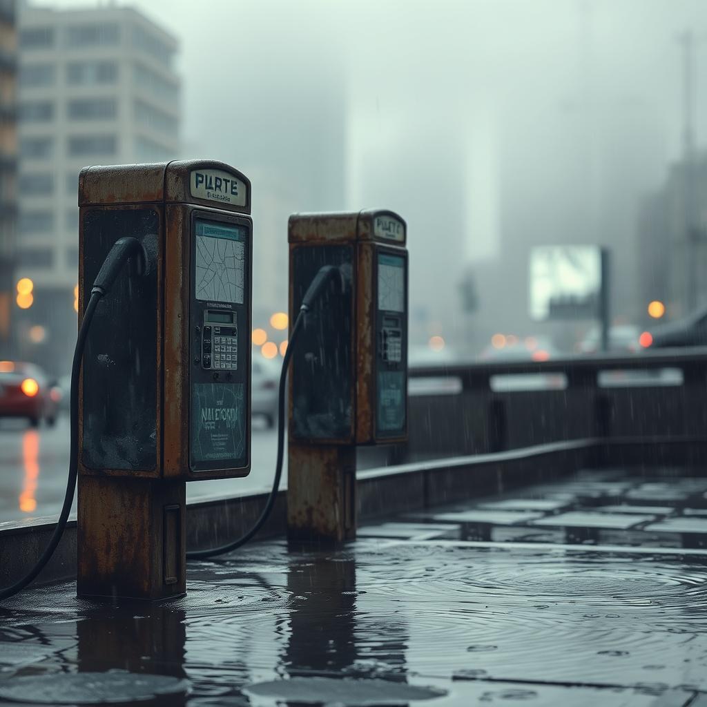 A desolate urban scene featuring old, weathered pay phones standing in the rain