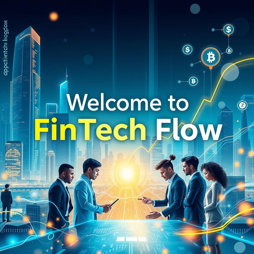 A vibrant and modern digital-style banner featuring the text 'Welcome to FinTech Flow' prominently displayed in a bold, modern font